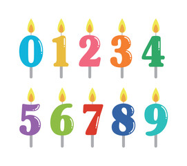 A colorful set of birthday candles in the shape of numbers from 0 to 9 with flames. Cute flat vector illustration ideal for birthday cake decorations, anniversary cards, and party invitations.