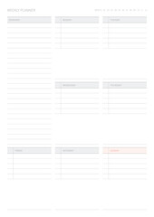 A weekly plan design template in a modern, simple, and minimalist style. Note, scheduler, diary, calendar, planner document template illustration.
