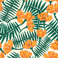 Floral seamless pattern in hand drawn rough texture, abstract floral motif