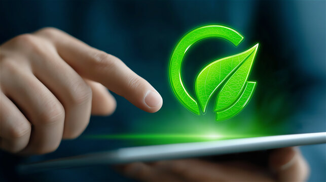 Close-up hand tapping a tablet with glowing green leaf icon, symbolizing eco technology, sustainability apps and paperless business choices on a dark background. - Powered by Adobe