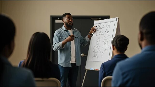 Black Male Teacher Explains Health Education to Diverse Students in Classroom - Powered by Adobe