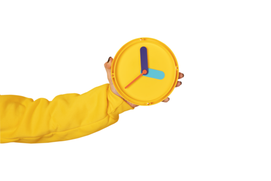 Person in yellow sleeve holding a bright yellow clock with bold, playful hands on transparent background, symbolizing time management and punctuality. - Powered by Adobe