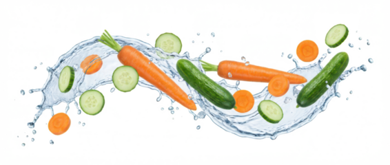 Fresh carrots and cucumbers splashing through clear water creating dynamic motion and healthy refreshment water splash vegetables slicing hydration natural organic vibrant transparent background