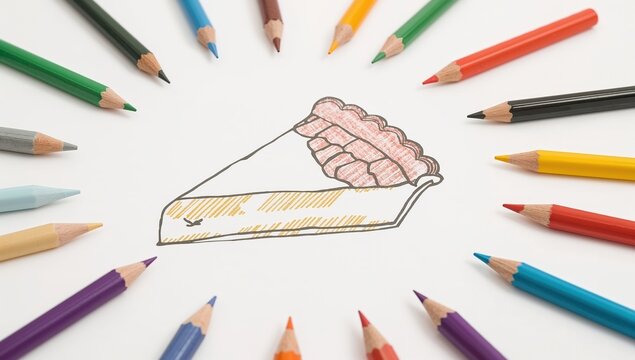 National pie day coloring sheet with pie slice design, colored pencils, artistic halffinished drawing, fun creative art activity for kids and adults - Powered by Adobe