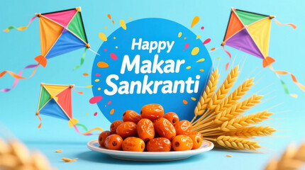 Happy Makar Sankranti festival with kites, wheat, and dates on a blue background