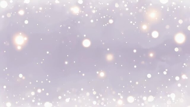 Falling bokeh light particles move slowly downward on a soft purple background. Abstract fantasy background with soft focus light for festive overlay.