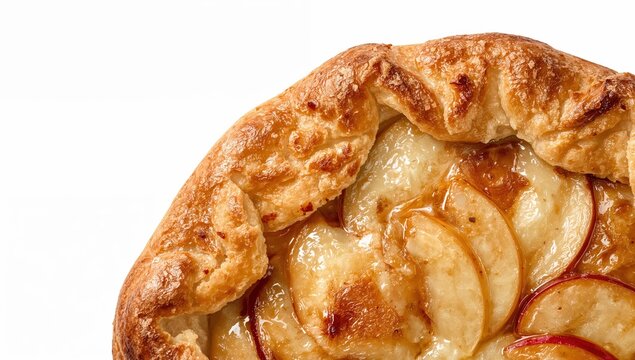 National pie day rustic apple galette with decorative sugared crust edge and glazed sliced apples on white background