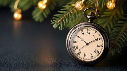 Antique pocket watch with Roman numerals resting near a Christmas tree branch with illuminated fairy lights on a dark textured background