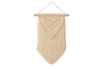 Macrame wall hanging cotton textile art on transparent background