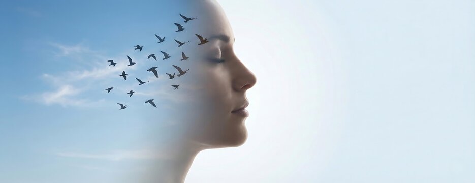 Double exposure portrait of human face with flying birds, artistic double exposure silhouette in open sky, abstract double exposure for freedom and new beginning concept.