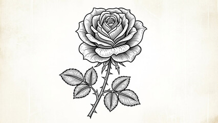 Rose Illustration in Vintage Style with Black Ink on Aged Paper for Tattoo Design