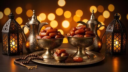 A traditional ramadan feast featuring delicious dates, illuminated lanterns, and ornate coffee pots