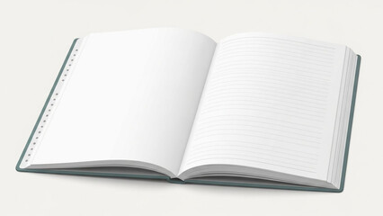 Open notebook with blank pages in clean minimalist style with soft natural lighting on white background for stationery
