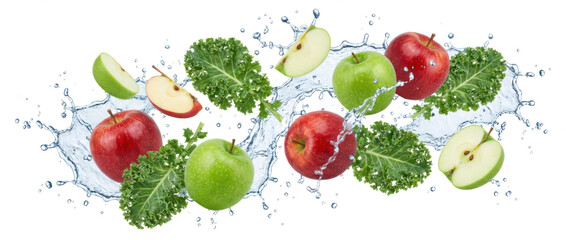 Vibrant red and green apples and fresh kale leaves splash through water droplets creating a dynamic and refreshing visual composition red apple leafy green fruit vegetable transparent background