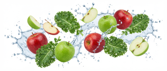 Vibrant red and green apples and fresh kale leaves splash through water droplets creating a dynamic and refreshing visual composition red apple leafy green fruit vegetable transparent background