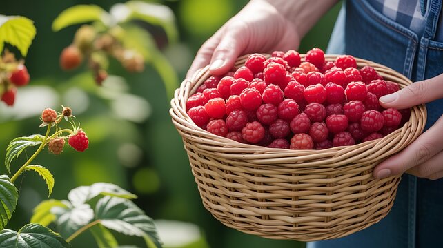 Person's Hands Presenting a Basket of Freshly Picked Raspberries holding wicker basket - Powered by Adobe