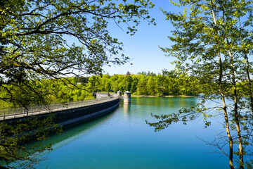 View of the Neye Dam and the surrounding landscape near Wipperf&uuml;rth. Nature at the reservoir.
