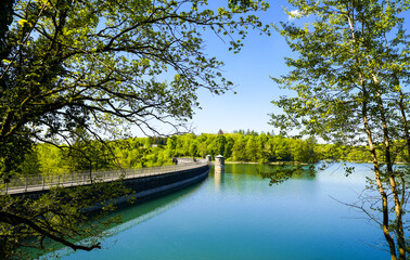 View of the Neye Dam and the surrounding landscape near Wipperf&uuml;rth. Nature at the reservoir.
