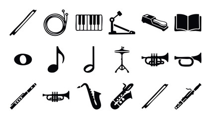 Fototapeta premium Diverse musical equipment silhouettes featuring piano keyboard, wind instruments like trumpet, saxophone, flute, along with notes and percussion accessories, suitable for educational