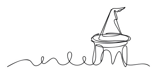 Continuous line drawing of a classic pointy wizard hat with a flowing single line extending to the side, ideal for magical themed events, Halloween decorations, or whimsical spellbook cover
