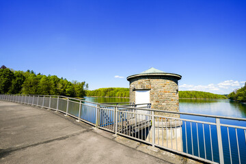 View of the Neye Dam and the surrounding landscape near Wipperf&uuml;rth. Nature at the reservoir.
