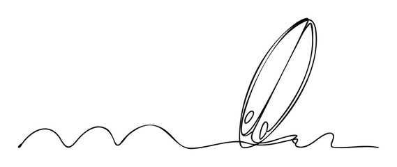 Continuous line drawing of a surfboard standing on a wave perfect for summer vacation themed promotions beach lifestyle sportswear branding and simple holiday travel marketing materials.