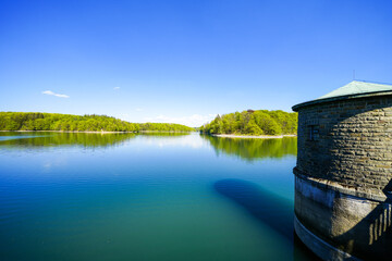 View from the Neye Dam of the surrounding landscape near Wipperf&uuml;rth. Nature at the reservoir.
