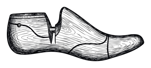 Hand drawn vintage wooden shoetree for footwear shaping and stretching used in traditional shoemaking craftsmanship or fashion industry applications