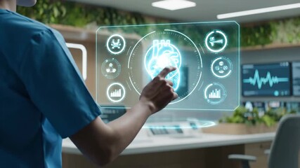 Doctor interacting with futuristic holographic heart display in modern medical lab.