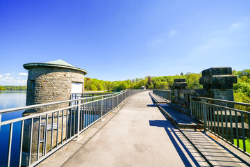 View of the Neye Dam and the surrounding landscape near Wipperf&uuml;rth. Nature at the reservoir.
