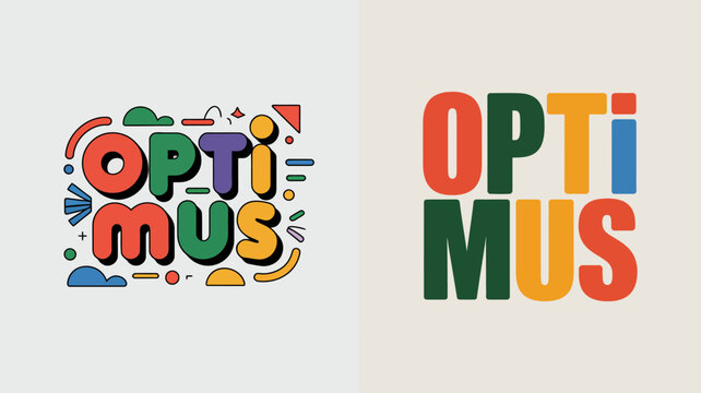a split composition displays colorful graphic elements on the left alongside bold orange lettering spelling optimus on a warm beige background high quality professional detailed modern