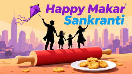 Happy Makar Sankranti celebration with family flying kite and city skyline background