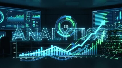 Analytics dashboard visualization merging glowing data visualization, rising line chart and bar chart with circular gauge, network stream, upward trend bars and arrows dark futuristic interface - Powered by Adobe