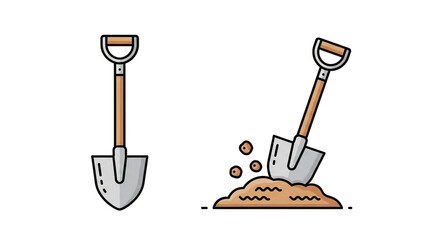 Shovel in action with dirt and debris in simple line art style with bold lines and earthy tones for gardening illustration