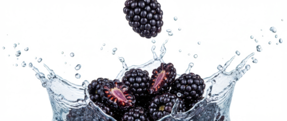 Fresh ripe blackberries tumbling into clear water creating dynamic splashes and droplets around the juicy dark fruits blackberry healthy food organic natural berry purple transparent background