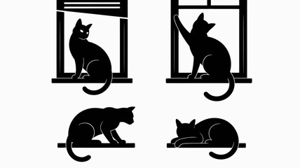 a minimalist depiction showcases silhouettes of black cats within and around window frames creating a playful and modern aesthetic high quality professional detailed elegant stylish clean © Raian