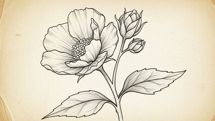 Floral Illustration in Vintage Sketch Style with Soft Monochrome Lighting on Parchment Paper for Botanical Design