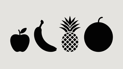 a simple illustration showcases a variety of fruits including an apple banana pineapple and orange in a black silhouette style high quality professional detailed modern elegant © Raian