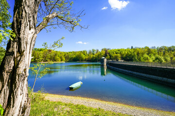 View of the Neye Dam and the surrounding landscape near Wipperf&uuml;rth. Nature at the reservoir.
