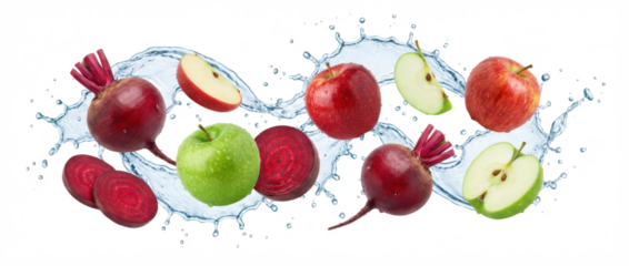 Fresh whole beets and apples some sliced splash through water creating a vibrant and healthy food composition fruit vegetable red green juice organic nutrition vitamin natural transparent background