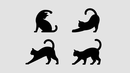 a minimalist illustration showcases four black cat silhouettes in various poses including stretching sitting and walking high quality professional detailed modern elegant stylish clean crisp vibrant