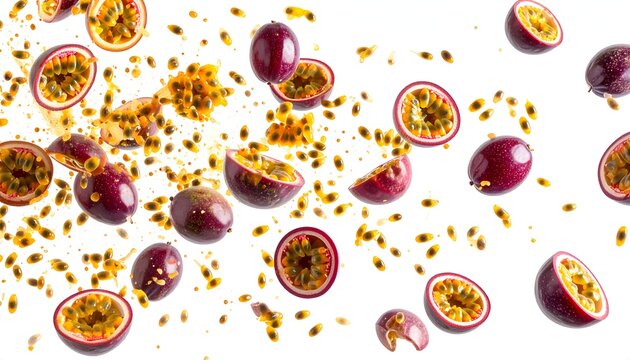 Passion fruits exploding, showing pulp and seeds on a white background