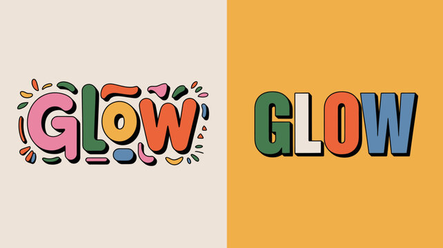 The image displays the word glow in two distinct styles one with colorful decorative lettering and another in bold block letters high quality professional detailed modern