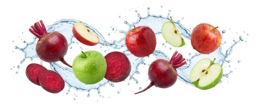 Fresh whole beets and apples some sliced splash through water creating a vibrant and healthy food composition fruit vegetable red green juice organic nutrition vitamin natural transparent background
