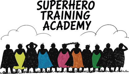 Obraz premium superhero training academy group of diverse silhouettes in colorful costumes ready for action dynamic poses heroic figures standing together on grass