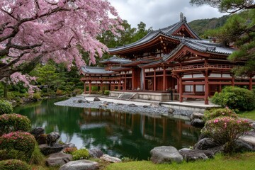 byakusan temple in kyoto, japan with cherry blossoms and pond, beautiful architecture, springtime.