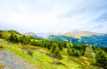 Landscape in the Nockberge mountains in Austria. Nature in the Gurktal Alps mountain range in Carinthia, Salzburg and Styria.
