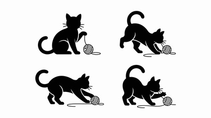 a minimalist illustration depicting four black cat silhouettes playfully interacting with balls of yarn showcasing feline energy and charm high quality professional detailed modern elegant stylish