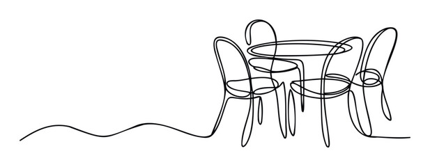 Modern minimalist continuous line drawing of a dining table and four chairs perfect for interior design inspiration restaurant branding or home decor concepts