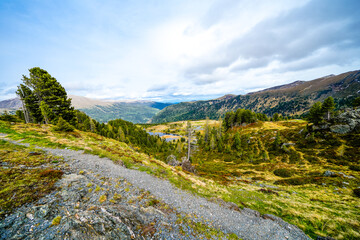 Landscape in the Nockberge mountains in Austria. Nature in the Gurktal Alps mountain range in Carinthia, Salzburg and Styria.

